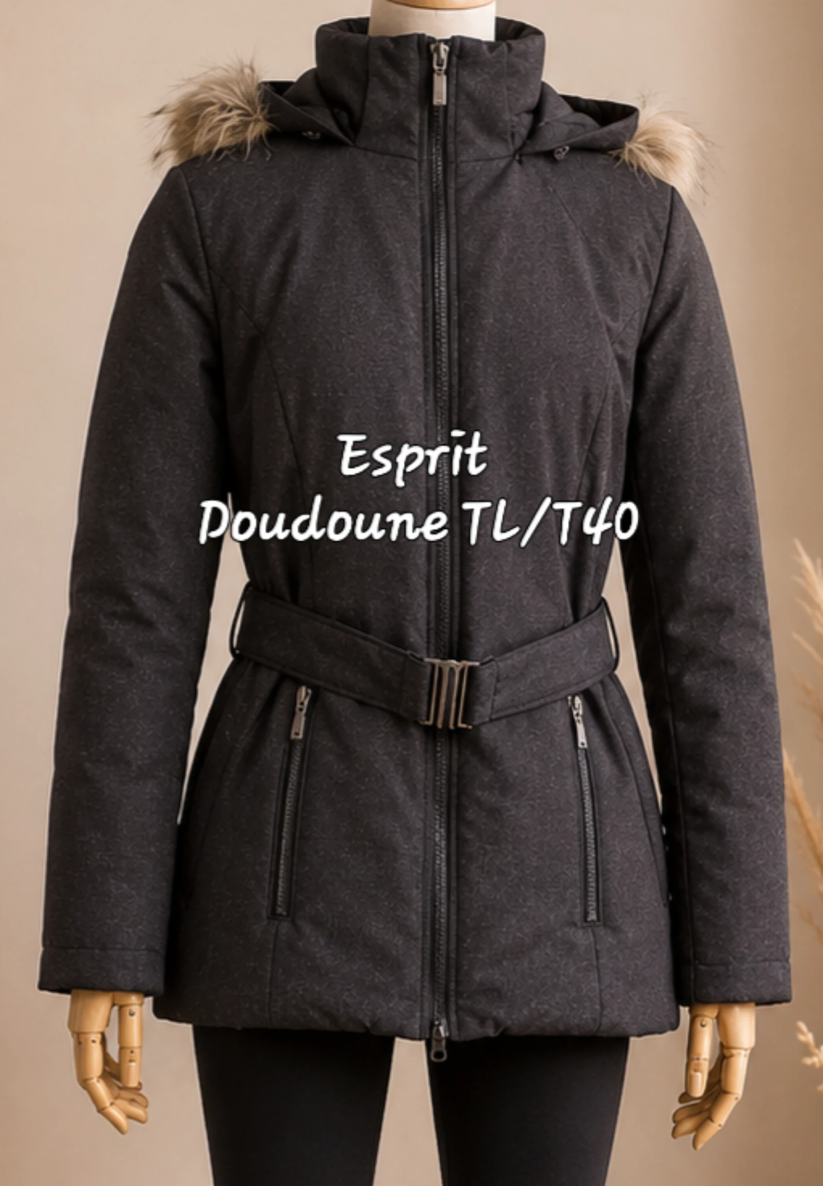 Esprit Doudoune TL/T40-Grise-Capuche Imitation Fourrure Détachable-Coupe Droite avec Plumes